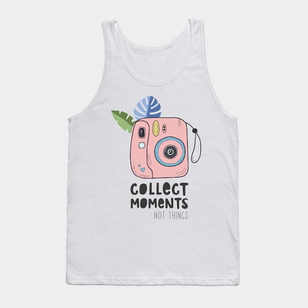 Instant camera with photos. Illustration with a camera and tropical leaves and the inscription. Appreciate moments, not things Tank Top by Var Space